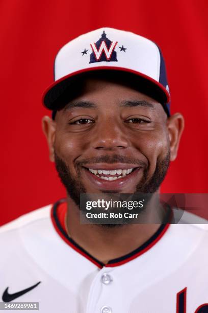 Dominic Smith of the Washington Nationals poses for a portrait during photo days at The Ballpark of the Palm Beaches on February 24, 2023 in West...