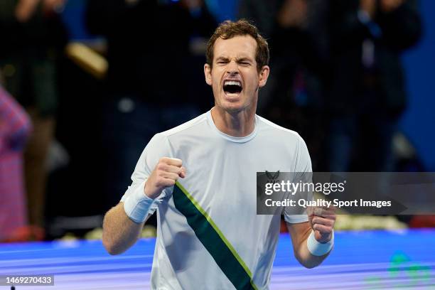 Andy Murray of Great Britain celebrates his win over Jiri Lehecka of Czech Republic in their Men's Singles Semi Final match on day five of the Qatar...