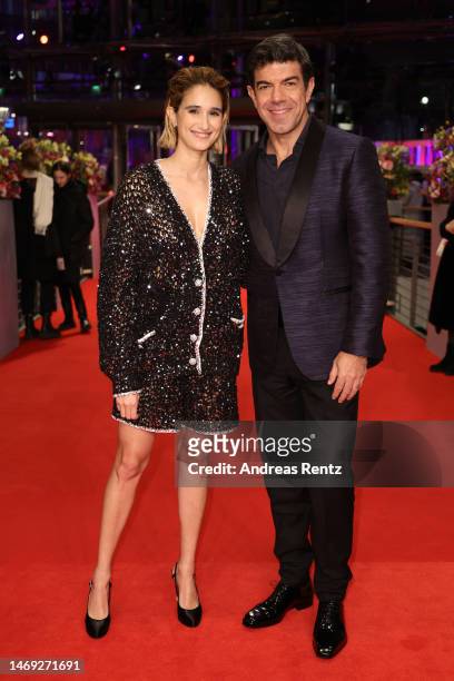 Linda Caridi and Pierfrancesco Favino attend the "L'ultima notte di Amore" premiere during the 73rd Berlinale International Film Festival Berlin at...