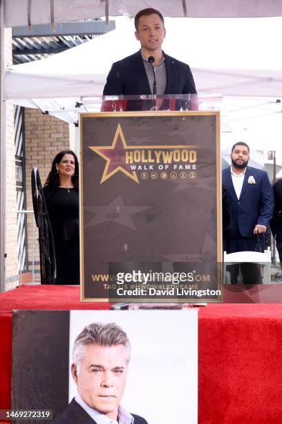 Taron Egerton speaks onstage during the ceremony where Ray Liotta is posthumously honored with a star on the Hollywood Walk of Fame on February 24,...