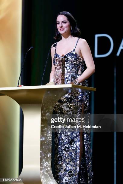 Noemie Merlant poses with the "Best supporting actress" César award for the movie "L'innocent" during the 48th Cesar Film Awards at L'Olympia on...
