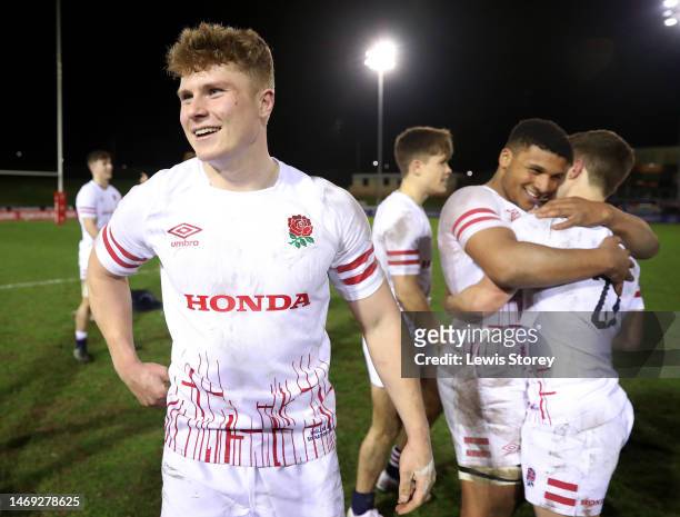 Joseph Woodward of England smiles after their victory in the U20 Six Nations Rugby match between Wales and England at Stadiwm CSM on February 24,...