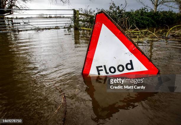 Flood water surrounds a flood warning sign near the A361 road which has been closed to vehicles because of widespread flooding of the Somerset Levels...