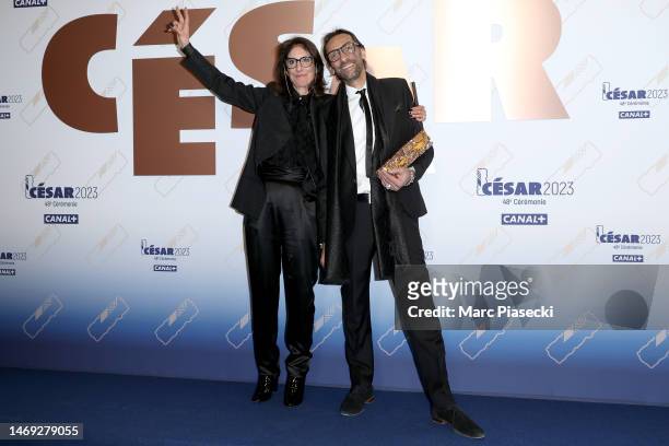 Gigi Lepage poses with the "Best costume design" César Award for the movie "Simone-Le voyage du Siècle" during the 48th Cesar Film Awards at...