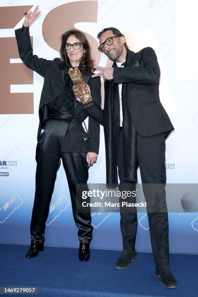 Gigi Lepage poses with the "Best costume design" César Award for the movie "Simone-Le voyage du Siècle" during the 48th Cesar Film Awards at...