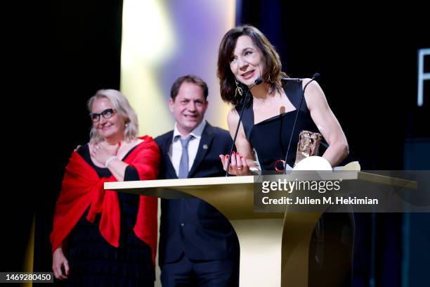 Michaela Pavlátová receives the "Best animation feature" Cesar Award for the film “Ma famille afghane” during the 48th Cesar Film Awards at L'Olympia...