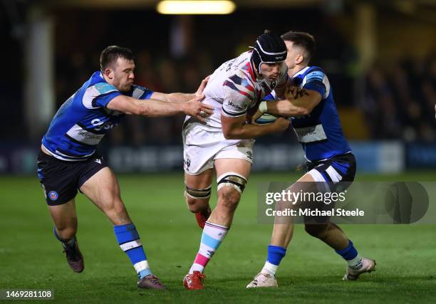 Sam Jeffries of Bristol Bears is tackled by Cameron Redpath of Bath Rugby during the Gallagher Premiership Rugby match between Bath Rugby and Bristol...