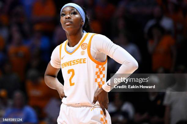 Rickea Jackson of the Tennessee Lady Vols stands on the court during a South Carolina Gamecocks free throw in the third quarter at Thompson-Boling...