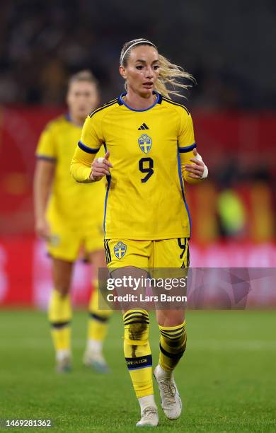 Kosovare Asllani of Sweden looks on during the Women's friendly match between Germany and Sweden at Schauinsland-Reisen-Arena on February 21, 2023 in...