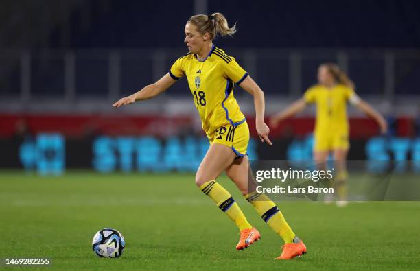 Fridolina Rolfö of Sweden runs with the ball during the Women's friendly match between Germany and Sweden at Schauinsland-Reisen-Arena on February...