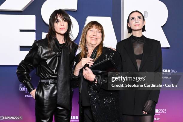 Charlotte Gainsbourg, Jane Birkin and Alice Attal arrive at 48th Cesar Film Awards at L'Olympia on February 24, 2023 in Paris, France.