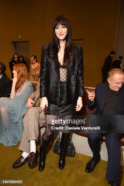 Dakota Johnson is seen at the Gucci show during Milan Fashion Week Fall/Winter 2023/24 on February 24, 2023 in Milan, Italy.