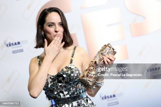 Noemie Merlant poses with the "Best Supporting Actress" César Award for the movie "L'innocent" during the 48th Cesar Film Awards at L'Olympia on...