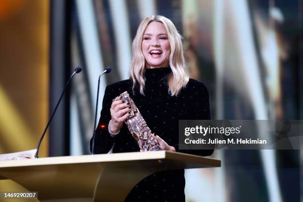 Virginie Efira receives the "Best actress" Cesar Award for the film “Revoir Paris ” during the 48th Cesar Film Awards at L'Olympia on February 24,...