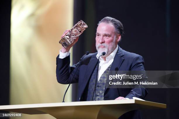 Bouli Lanners receives the "Best supporting actor" Cesar Award for the film “La nuit du 12 ”during the 48th Cesar Film Awards at L'Olympia on...