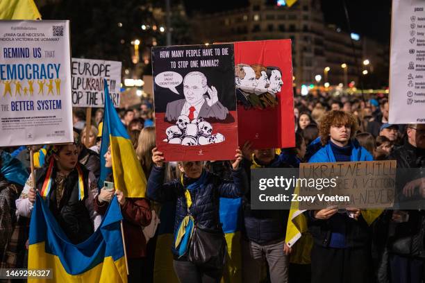 Thousands demonstrate in support of Ukraine on the first anniversary of the war on February 24, 2023 in Barcelona, Spain. On February 24, 2022 Russia...