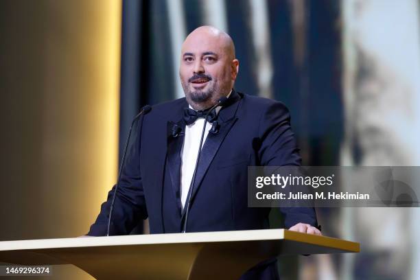 Jerome Commandeur speaks on stage during the 48th Cesar Film Awards at L'Olympia on February 24, 2023 in Paris, France.