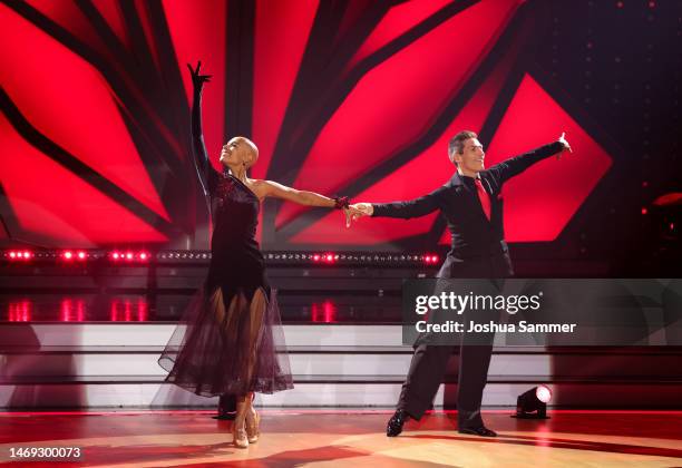 Christian Polanc and Sharon Battiste perform on stage during the first "Let's Dance" show at MMC Studios on February 24, 2023 in Cologne, Germany.