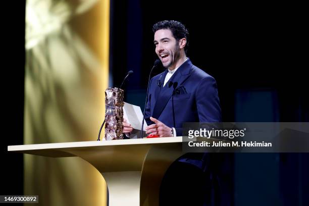 Tahar Rahim is seen on stage during the 48th Cesar Film Awards at L'Olympia on February 24, 2023 in Paris, France.