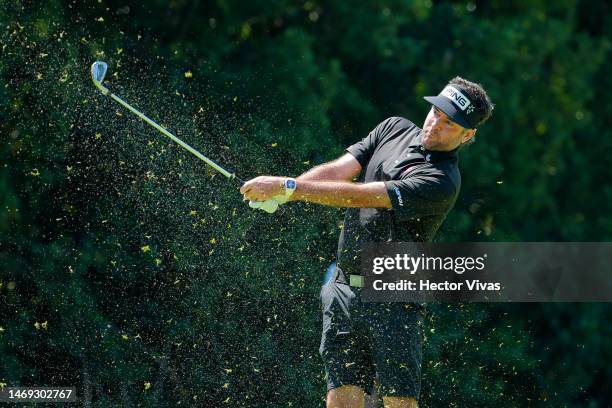 Bubba Watson of Range Goats GC plays his second shot on the second hole during day one of the LIV Golf Invitational - Mayakoba at El Camaleon at...