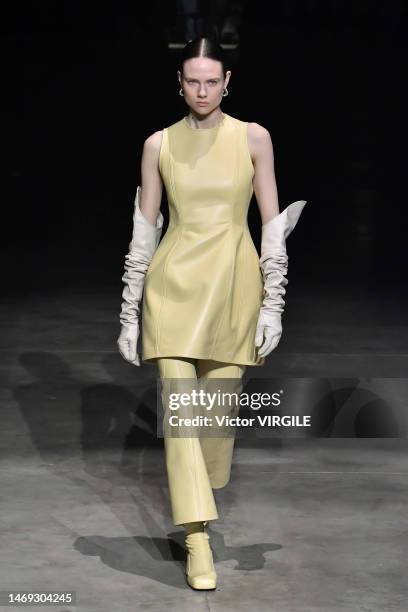 Model walks the runway during the Jil Sander Eeady to Wear Fall/Winter 2023-2024 fashion show as part of the Milan Fashion Week on February 24, 2023...