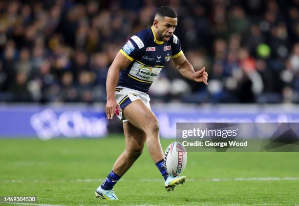 Kruise Leeming of Leeds Rhinos kicks the ball during the Betfred Super League match between Leeds Rhinos and Hull FC at Headingley on February 24,...