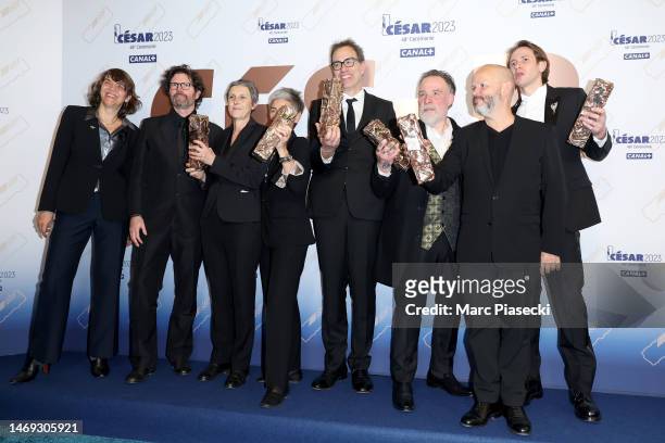 Cast and crew of the movie "La nuit du 12" pose with their César awards during the 48th Cesar Film Awards at L'Olympia on February 24, 2023 in Paris,...
