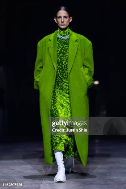 Model walks the runway at the Jil Sander fashion show during the Milan Fashion Week Womenswear Fall/Winter 2023/2024 on February 24, 2023 in Milan,...