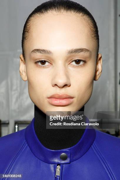 Annemary Aderibigde poses backstage at the Jil Sander fashion show during the Milan Fashion Week Womenswear Fall/Winter 2023/2024 on February 24,...