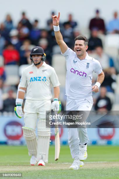 James Anderson of England celebrates after taking the wicket of Kane Williamson of New Zealand during day two of the Second Test Match between New...