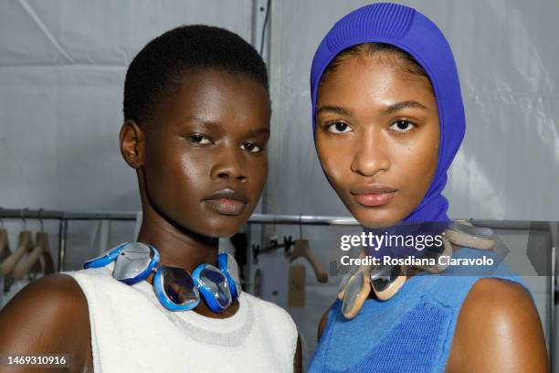 Model poses backstage at the Jil Sander fashion show during the Milan Fashion Week Womenswear Fall/Winter 2023/2024 on February 24, 2023 in Milan,...