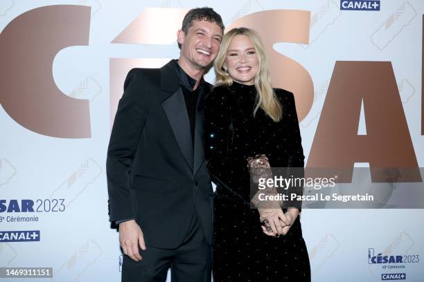 Niels Schneider and Virginie Efira with the "Best actress" César award are seen backstage during the 48th Cesar Film Awards at L'Olympia on February...