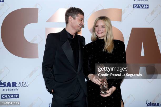 Niels Schneider and Virginie Efira with the "Best actress" César award are seen backstage during the 48th Cesar Film Awards at L'Olympia on February...