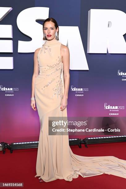 Maëva Coucke arrives at 48th Cesar Film Awards at L'Olympia on February 24, 2023 in Paris, France.