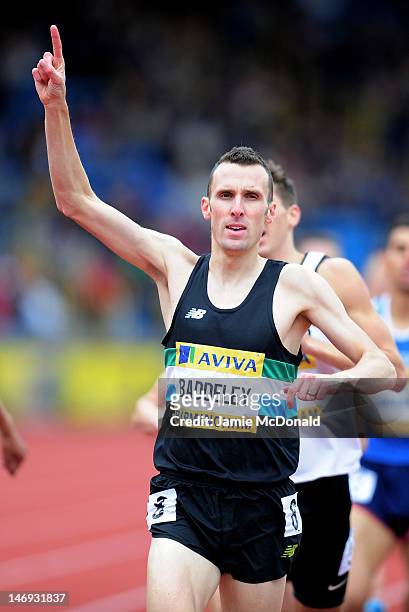 Andrew Baddeley of Great Britain celebrates winning the Men's 1500 Metres Final during day two of the Aviva 2012 UK Olympic Trials and Championship...
