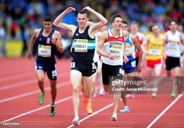 Andrew Baddeley of Great Britain celebrates winning the Men's 1500 Metres Final during day two of the Aviva 2012 UK Olympic Trials and Championship...