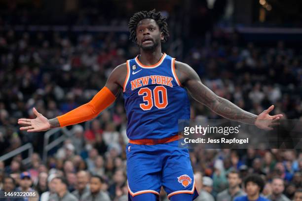 Julius Randle of the New York Knicks reacts after scoring against the Washington Wizards during the first half at Capital One Arena on February 24,...