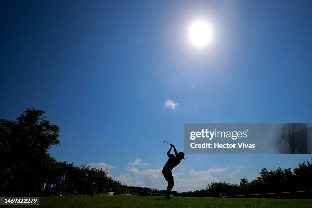 Abraham Ancer of Fireballs GC plays an approach shot on the second hole during day one of the LIV Golf Invitational - Mayakoba at El Camaleon at...