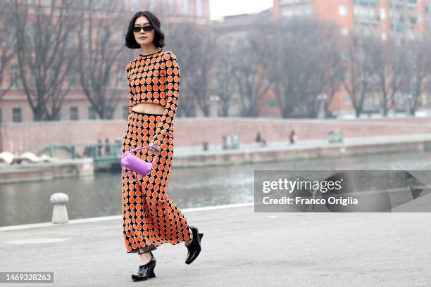 Guest is seen outside the Sportmax show during the Milan Fashion Week Womenswear Fall/Winter 2023/2024 on February 24, 2023 in Milan, Italy.