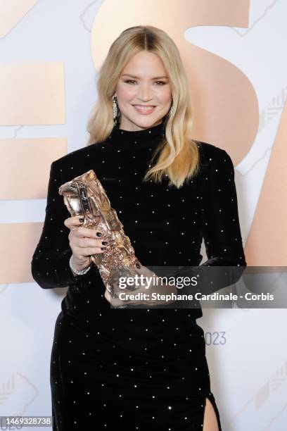 Virginie Efira poses with the "Best actress" César award for the movie "Revoir Paris" during the 48th Cesar Film Awards at L'Olympia on February 24,...