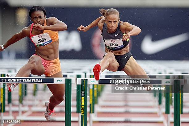 Pavi'Elle James and Joanna Hayes compete in a preliminary round of women's 100 meter hurdles during Day One of the 2012 U.S. Olympic Track & Field...