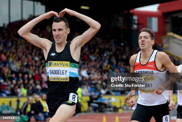 Andrew Baddeley of Great Britain wins the Men's 1500 Metres Final with Ross Murray in second during day two of the Aviva 2012 UK Olympic Trials and...