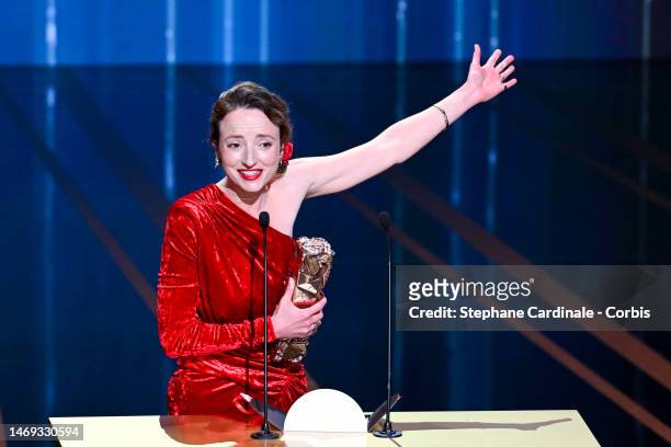Irène Drésel receives the "Best original soundtrack" César Award for the movie "A plein temps" during the 48th Cesar Film Awards at L'Olympia on...