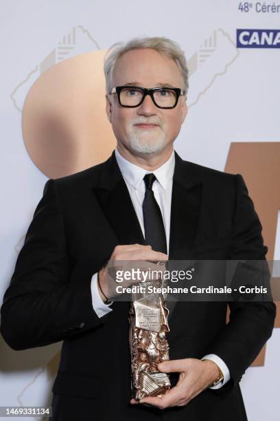 David Fincher poses with the Honorary César Award during the 48th Cesar Film Awards at L'Olympia on February 24, 2023 in Paris, France.