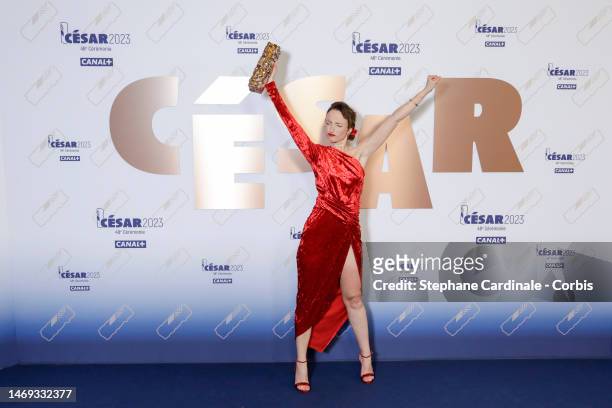 Irène Drésel poses with the "Best original soundtrack" César Award for the movie "A plein temps" during the 48th Cesar Film Awards at L'Olympia on...