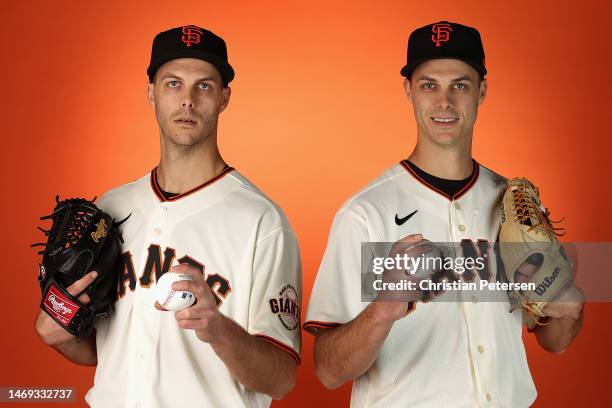Pitchers and twin brothers Taylor Rogers and Tyler Rogers of the San Francisco Giants pose for a portrait during the MLB photo day at Scottsdale...
