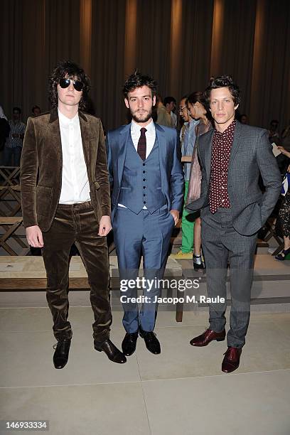 George Craig, Roo Panes and Rob Pryor attend the Burberry Prorsum show as part of Milan Fashion Week Menswear Spring/Summer 2013 on June 23, 2012 in...