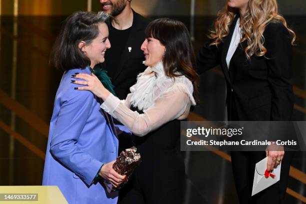 Amelie Bonnin winner of the "Best fictional short film" Cesar Award for the movie “Partir un jour” seen on stage with Juliette Armanet during the...
