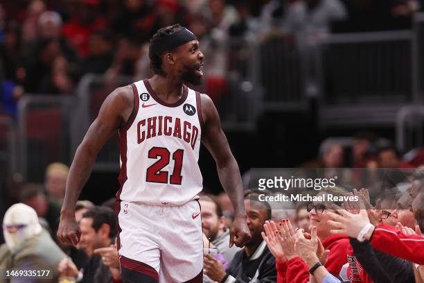 Patrick Beverley of the Chicago Bulls celebrates a layup and a foul against the Brooklyn Nets during the first half at United Center on February 24,...