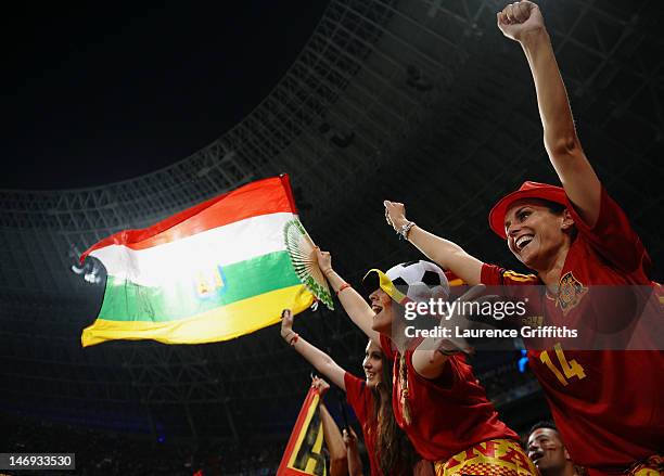 Spanish fans cheer ahead of the UEFA EURO 2012 quarter final match between Spain and France at Donbass Arena on June 23, 2012 in Donetsk, Ukraine.